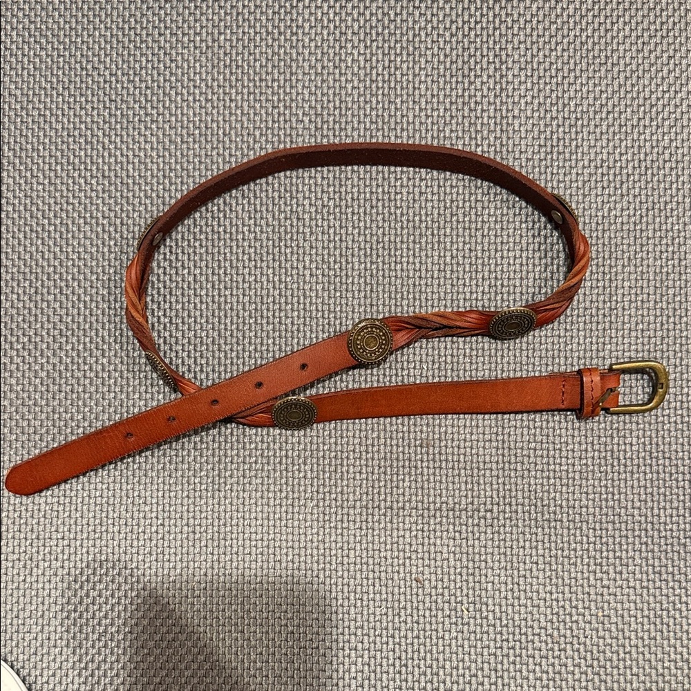 Ecote Brown Braided Leather Accent Belt with Antiqued Gold Medallions